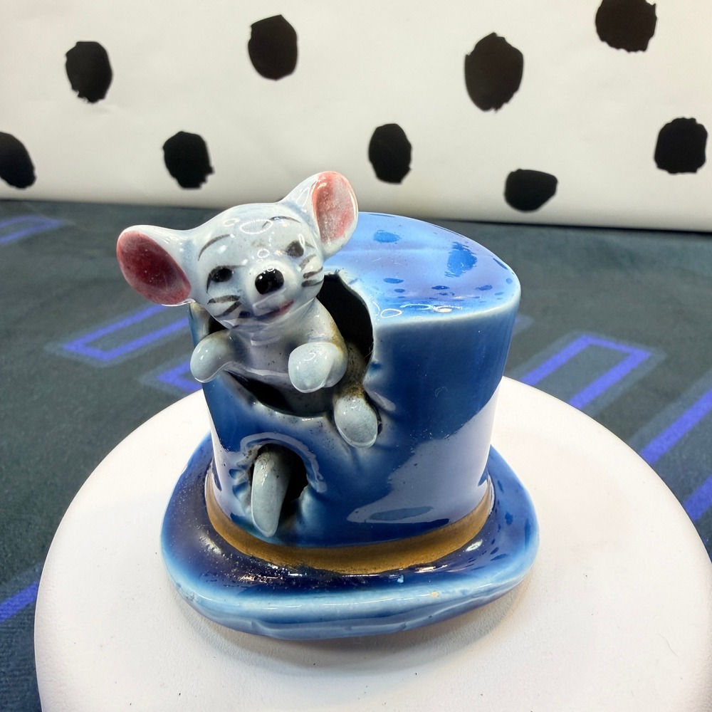 Wales Mouse Figurine Unisex Small Blue Ceramic Top Hat Vintage Japan